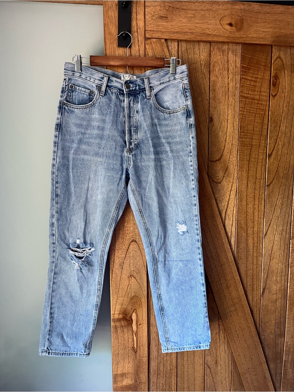 Women's Light Blue Straight Leg Jeans - Distressed Casual Style
